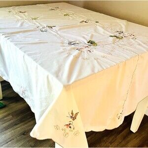 VTG Embroidered Ivory Oval Tablecloth Butterflies Flowers Cotton Linen 62"x 96"